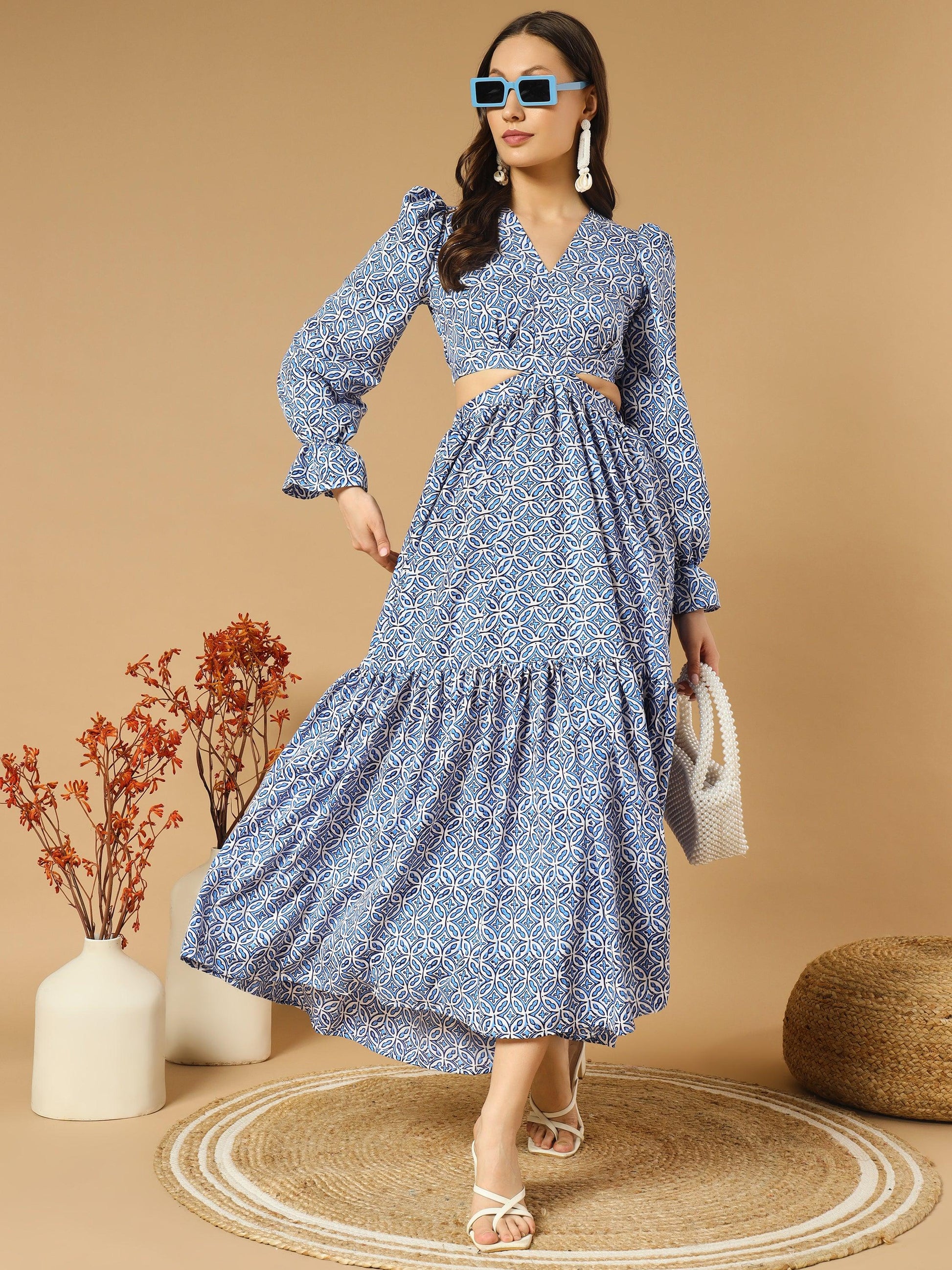 Round Hexa Shape Bluish V-Neck Long Dress With Back Cut-Out - Snowera