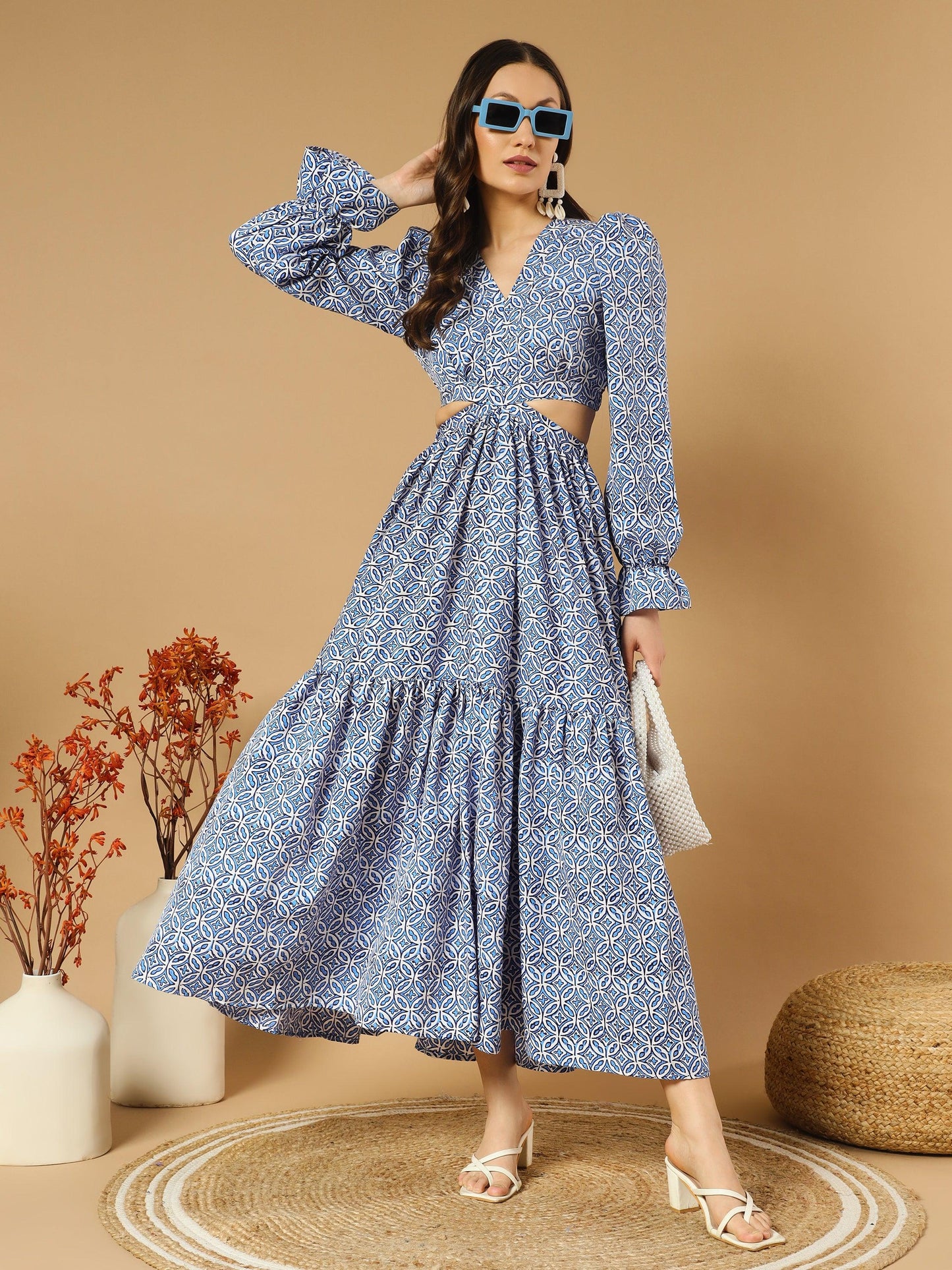 round hexa shape bluish v-neck long dress with back cut-out - snowera