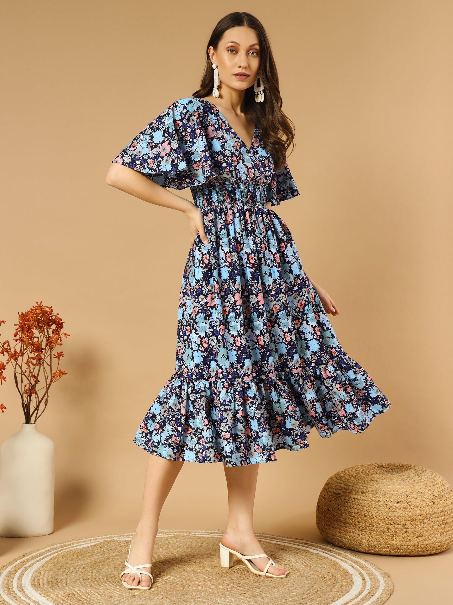 bluish flowers match with peach v-neck midi dress - snowera