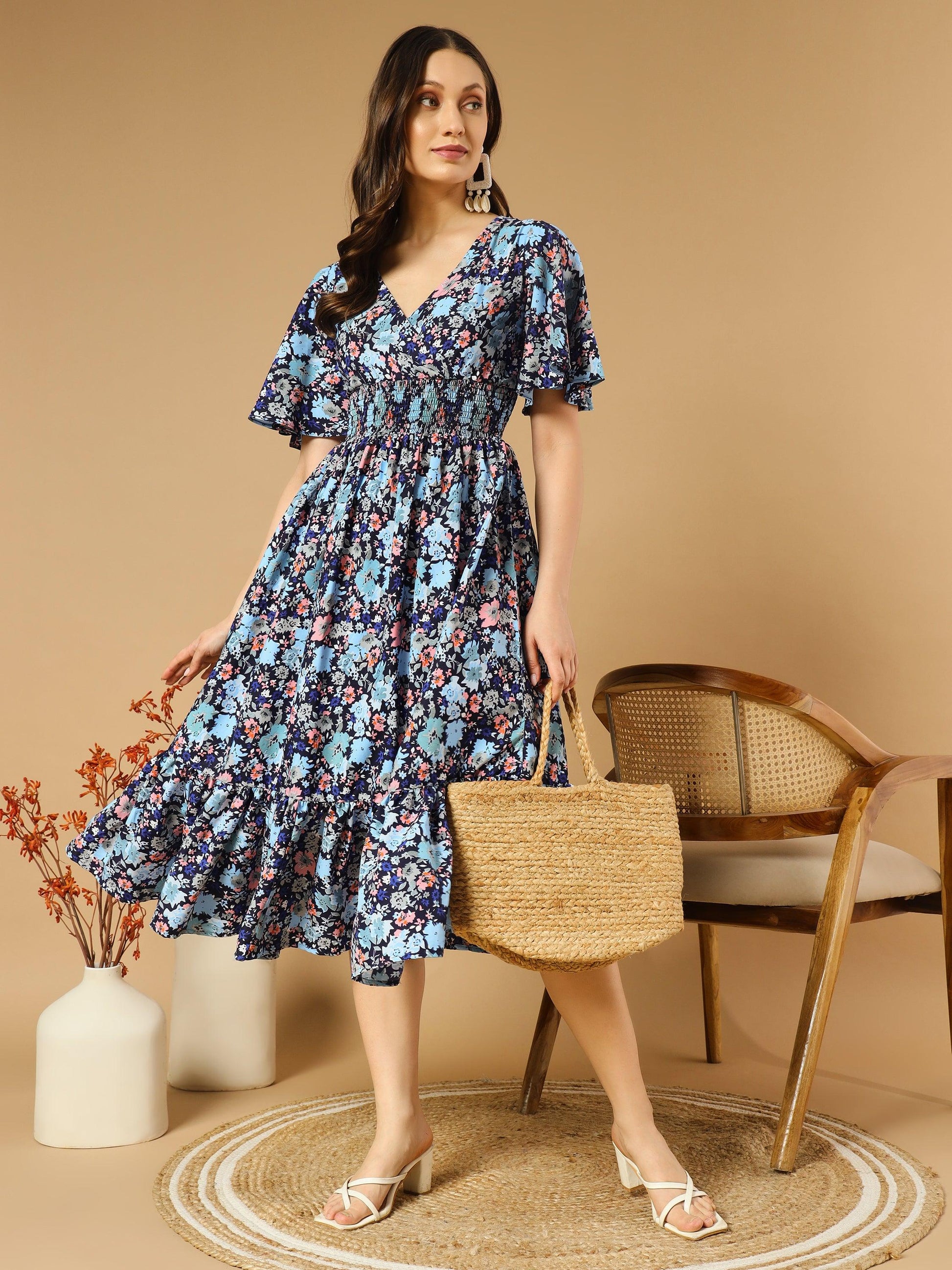 Bluish Flowers Match with Peach V-Neck Midi Dress - Snowera