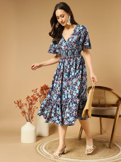 Bluish Flowers Match with Peach V-Neck Midi Dress - Snowera