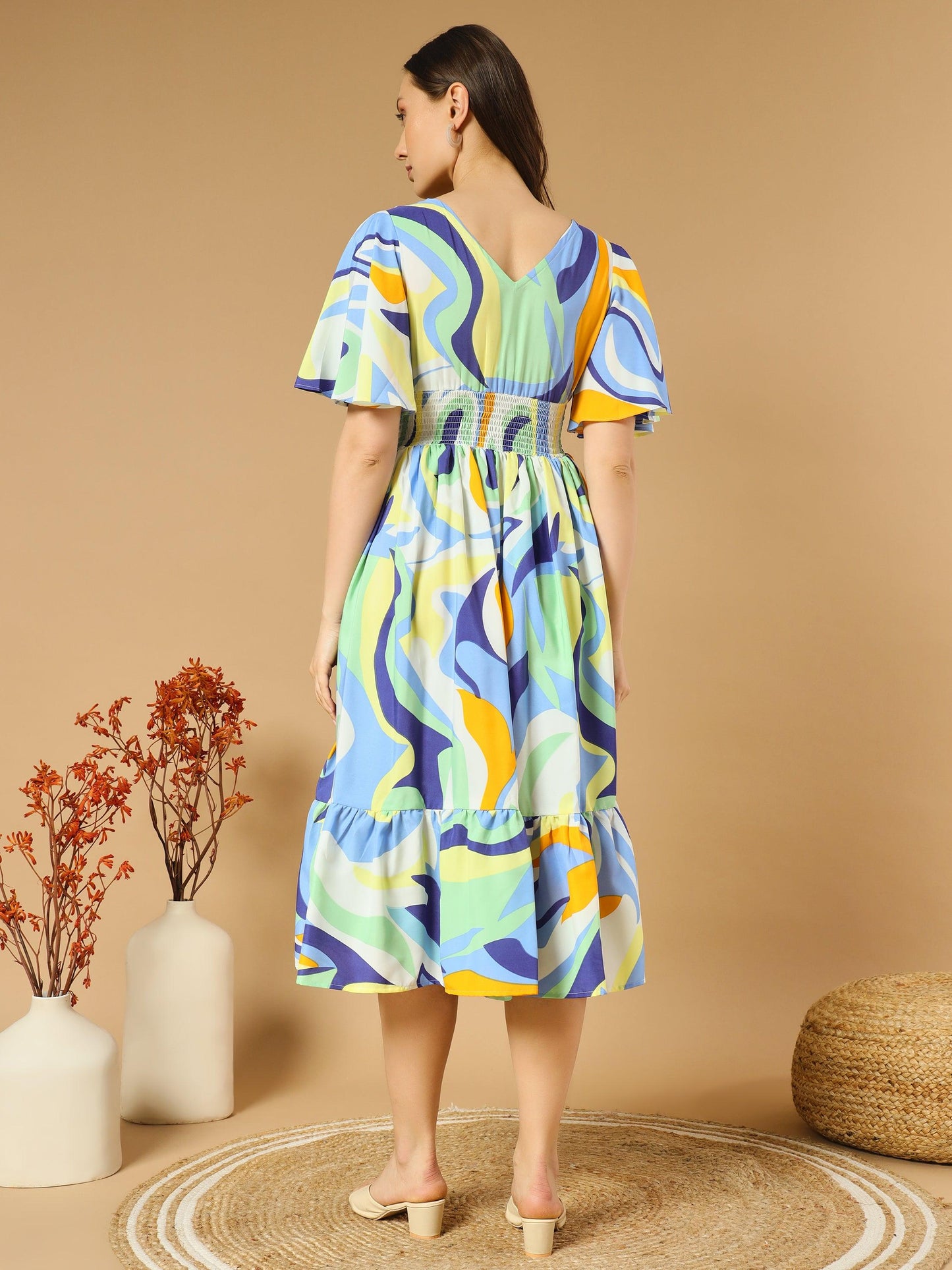 a-line colorful dress with v-neck both side and flare sleeve