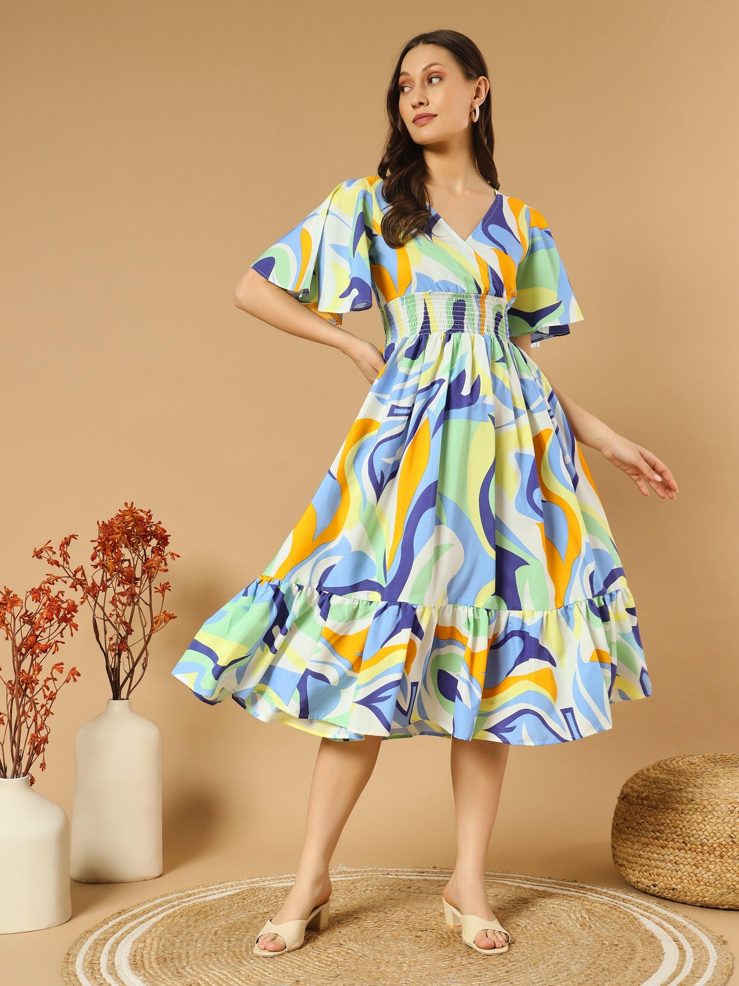 a-line colorful dress with v-neck both side and flare sleeve