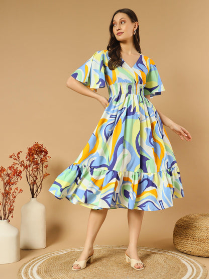 A-line Colorful Dress with V-Neck Both Side and Flare Sleeve