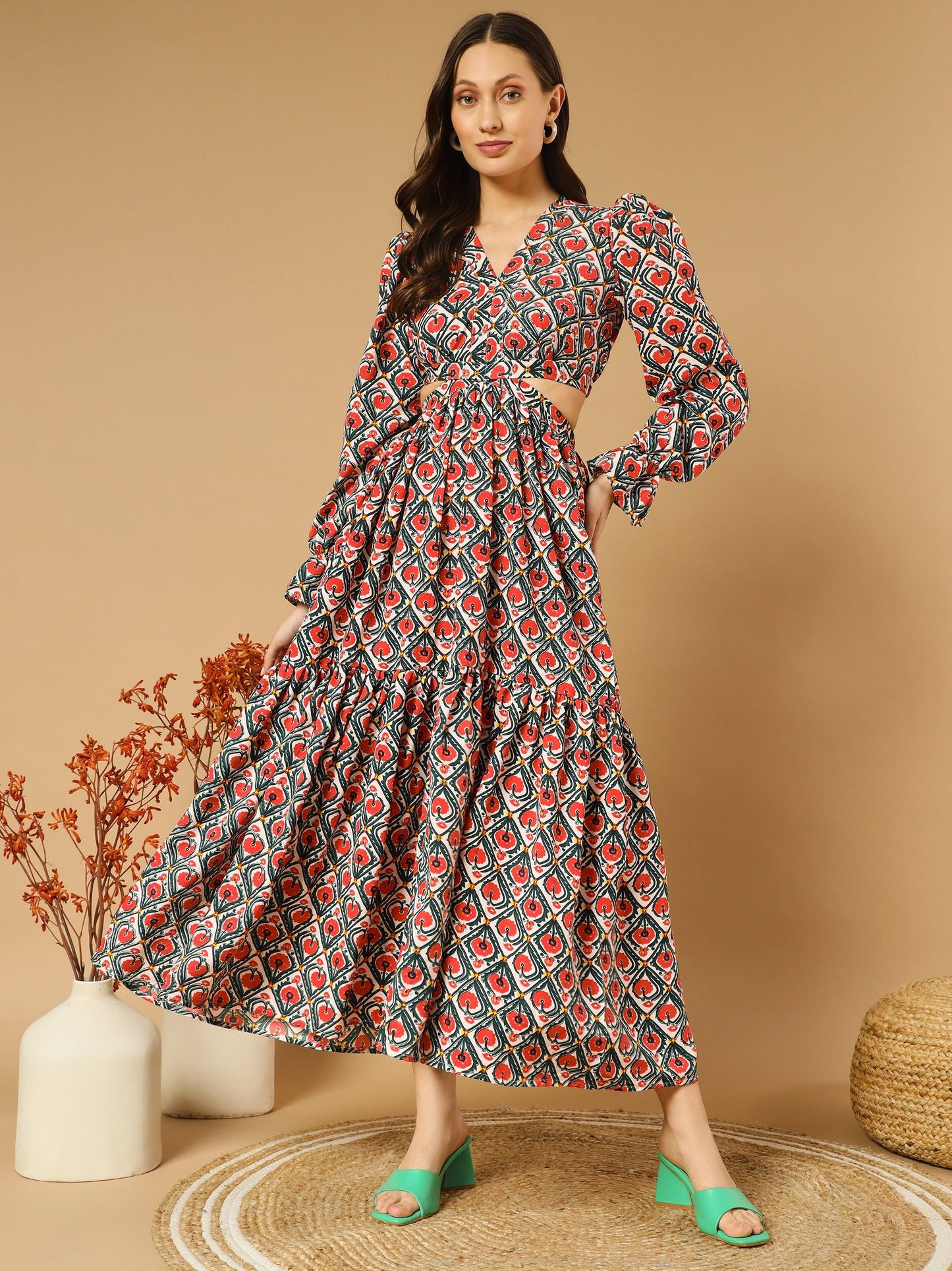 rhombus flowery v-neck long dress with back cut-out - snowera