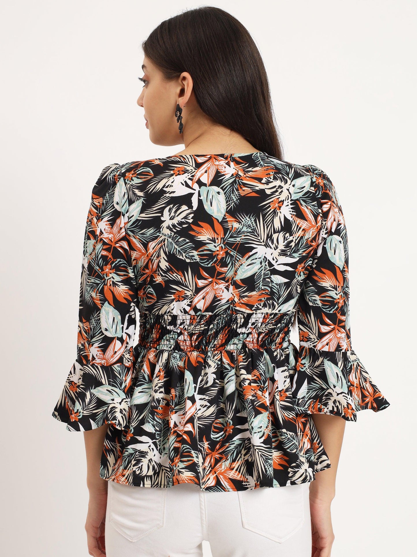 flattering v-neck top with printed flare & mix patti detail - snowera