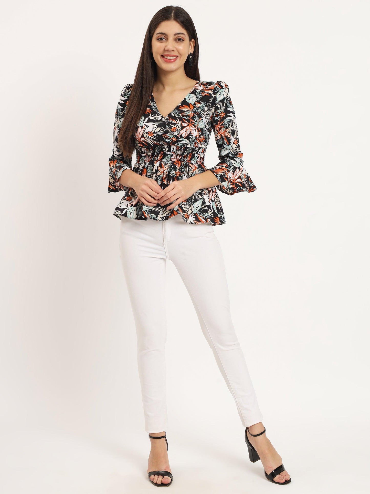 flattering v-neck top with printed flare & mix patti detail - snowera