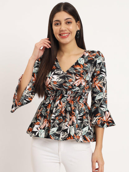 Flattering V-neck Top with Printed Flare & Mix Patti Detail - Snowera