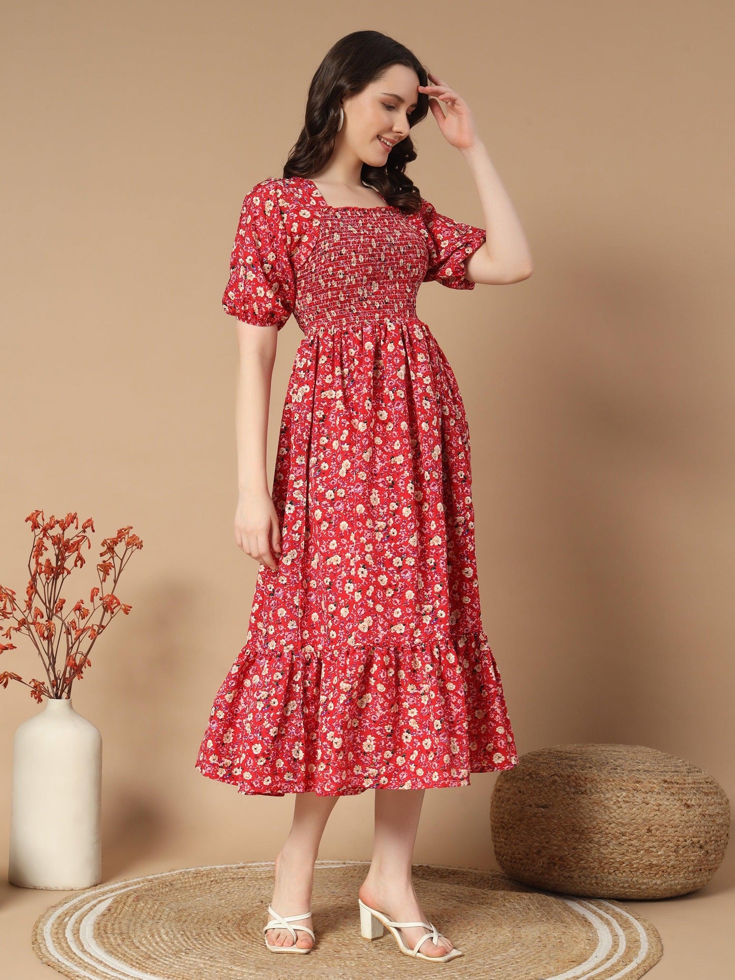 graceful dress with rose flower print