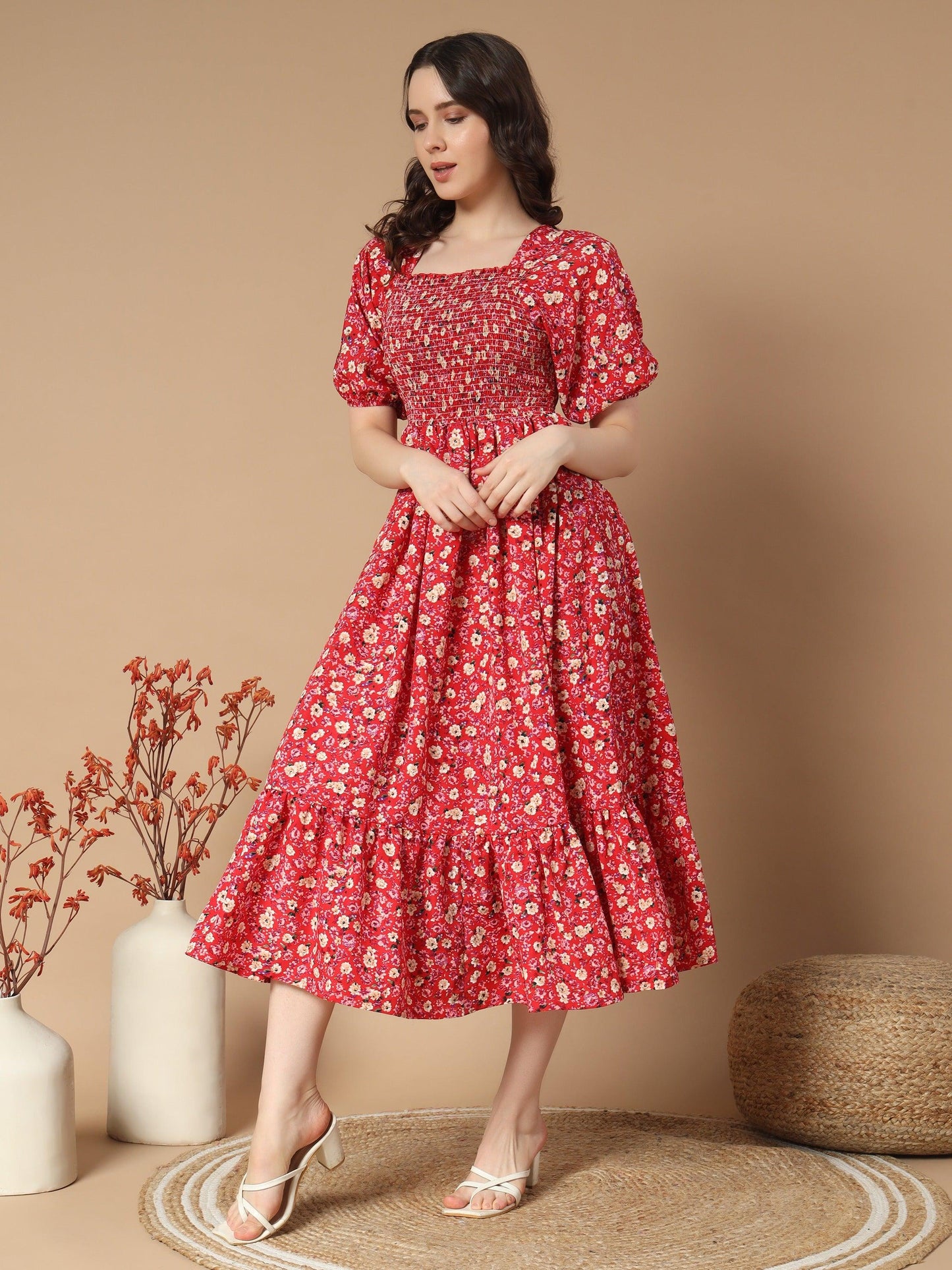 graceful dress with rose flower print