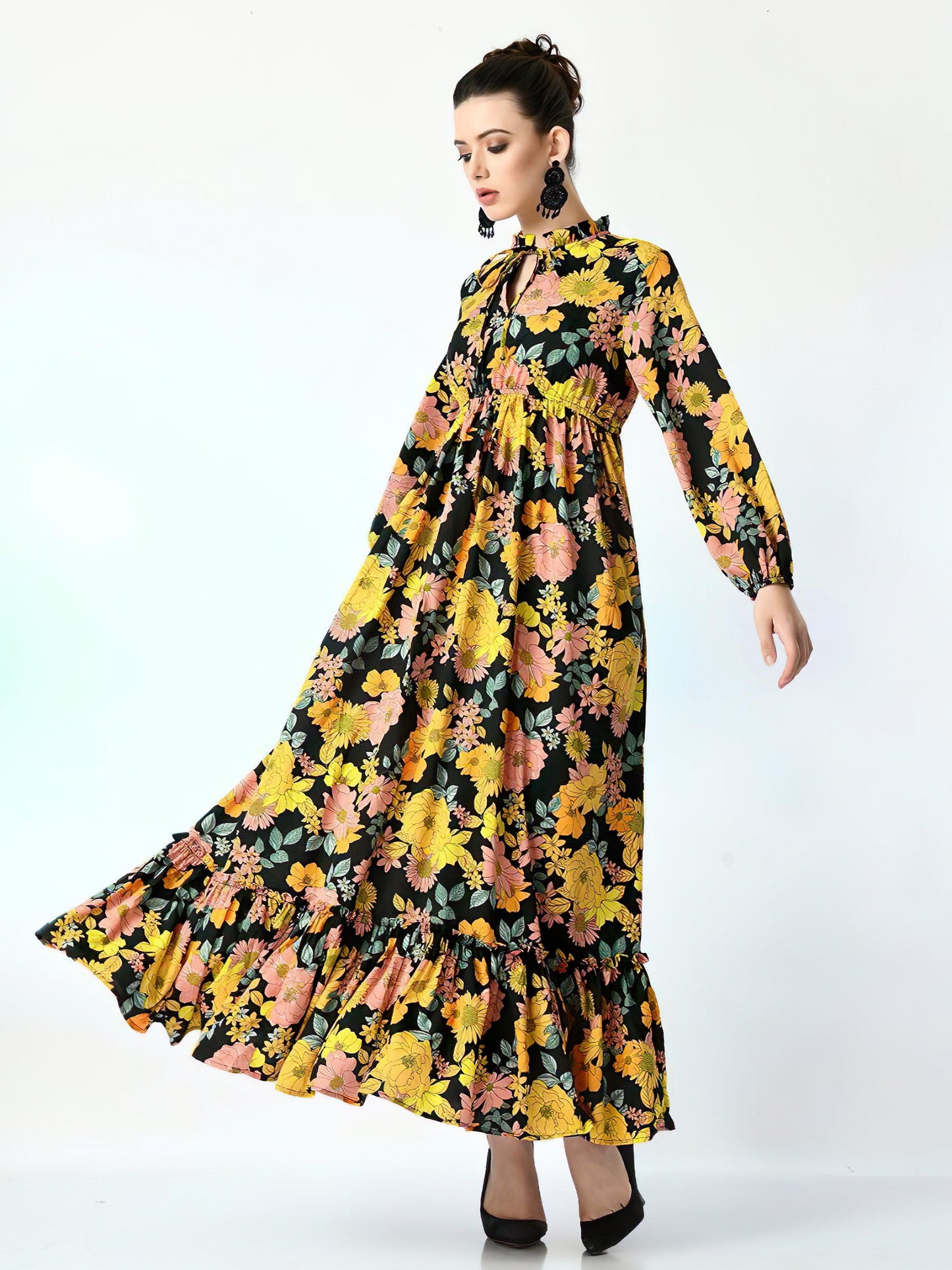 flower leaf yellow long dress