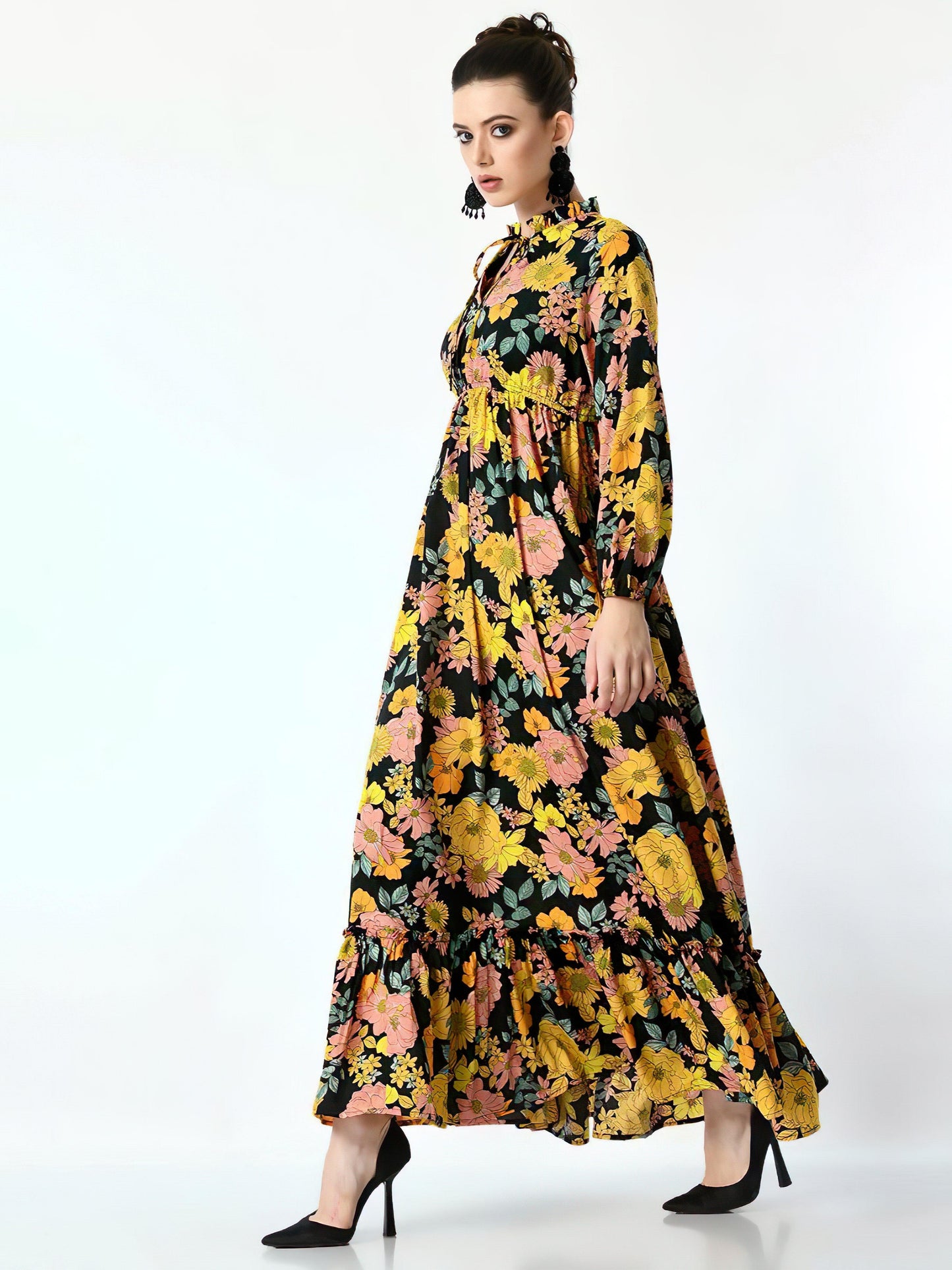 flower leaf yellow long dress