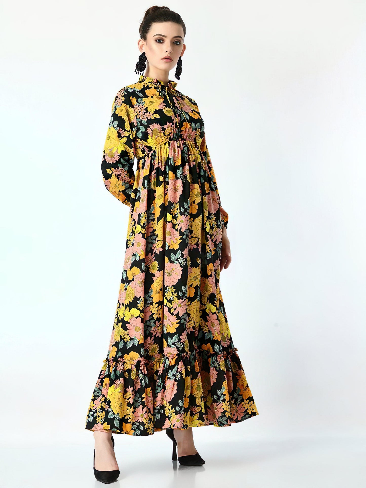 flower leaf yellow long dress