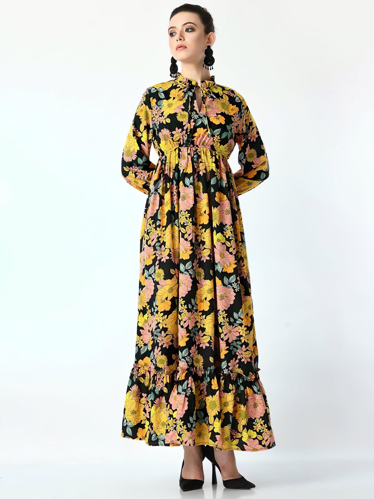 flower leaf yellow long dress