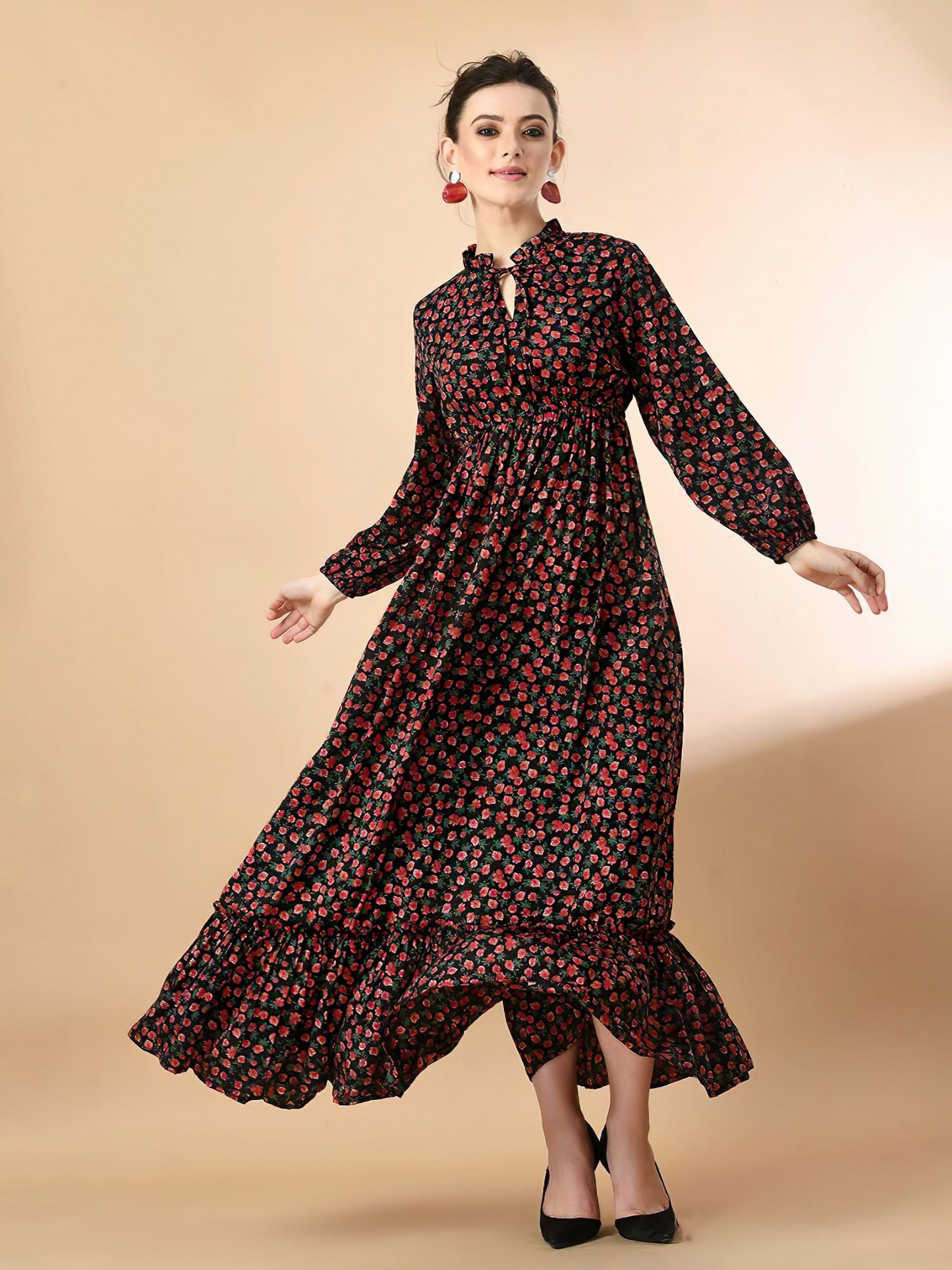 floral reddish long dress