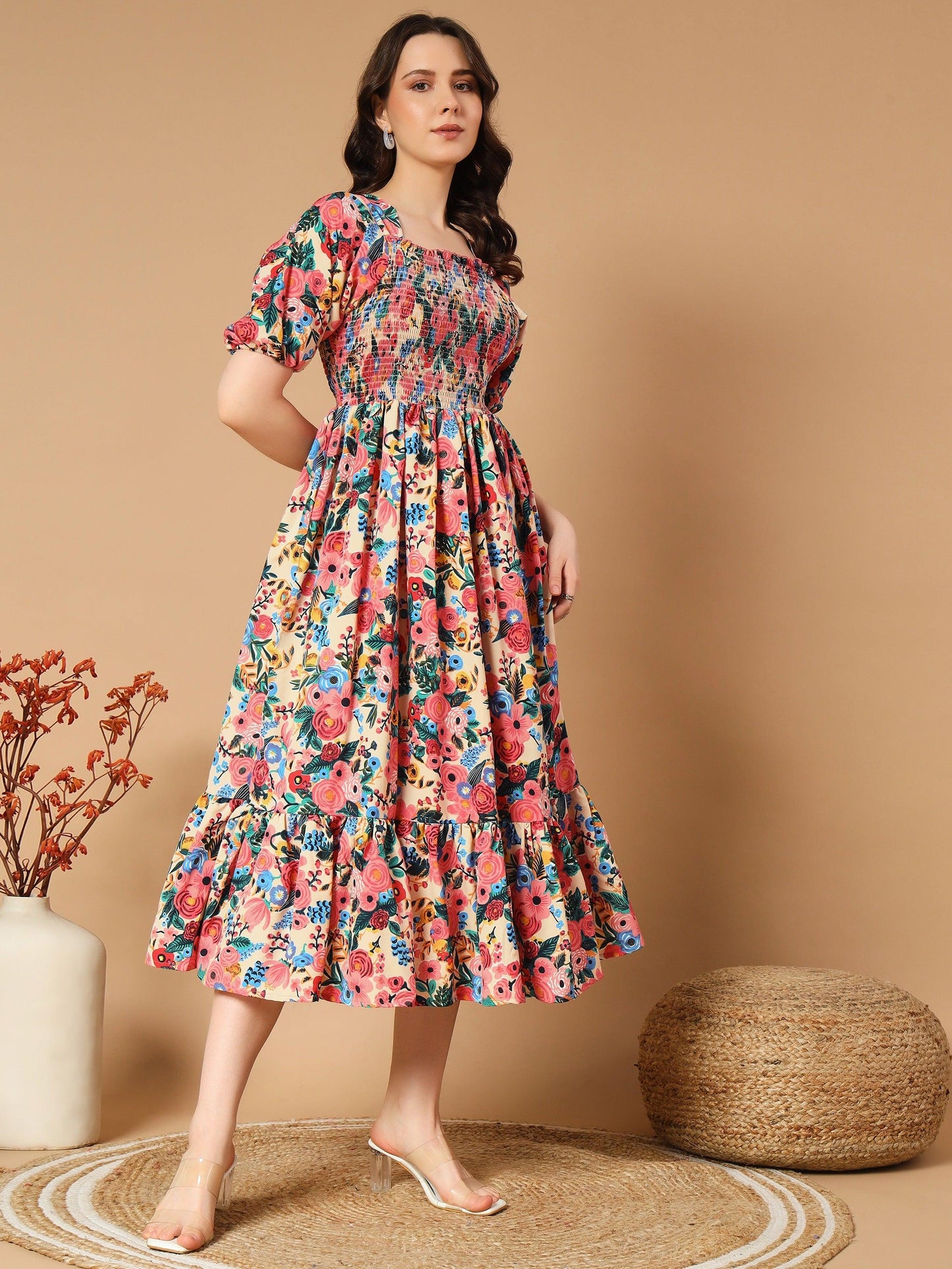 adorned with a beautiful mix flowers dress