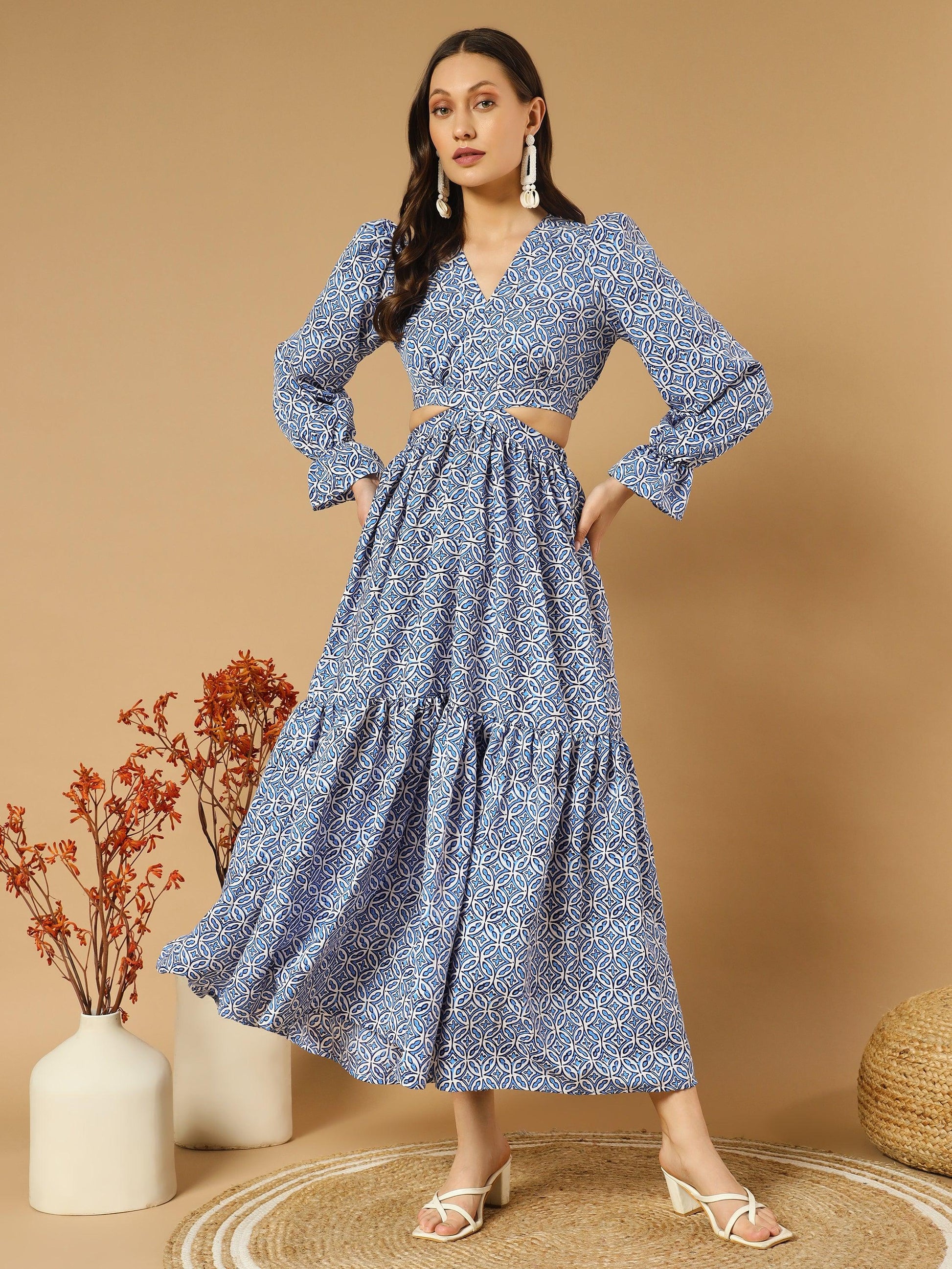 Round Hexa Shape Bluish V-Neck Long Dress With Back Cut-Out - Snowera