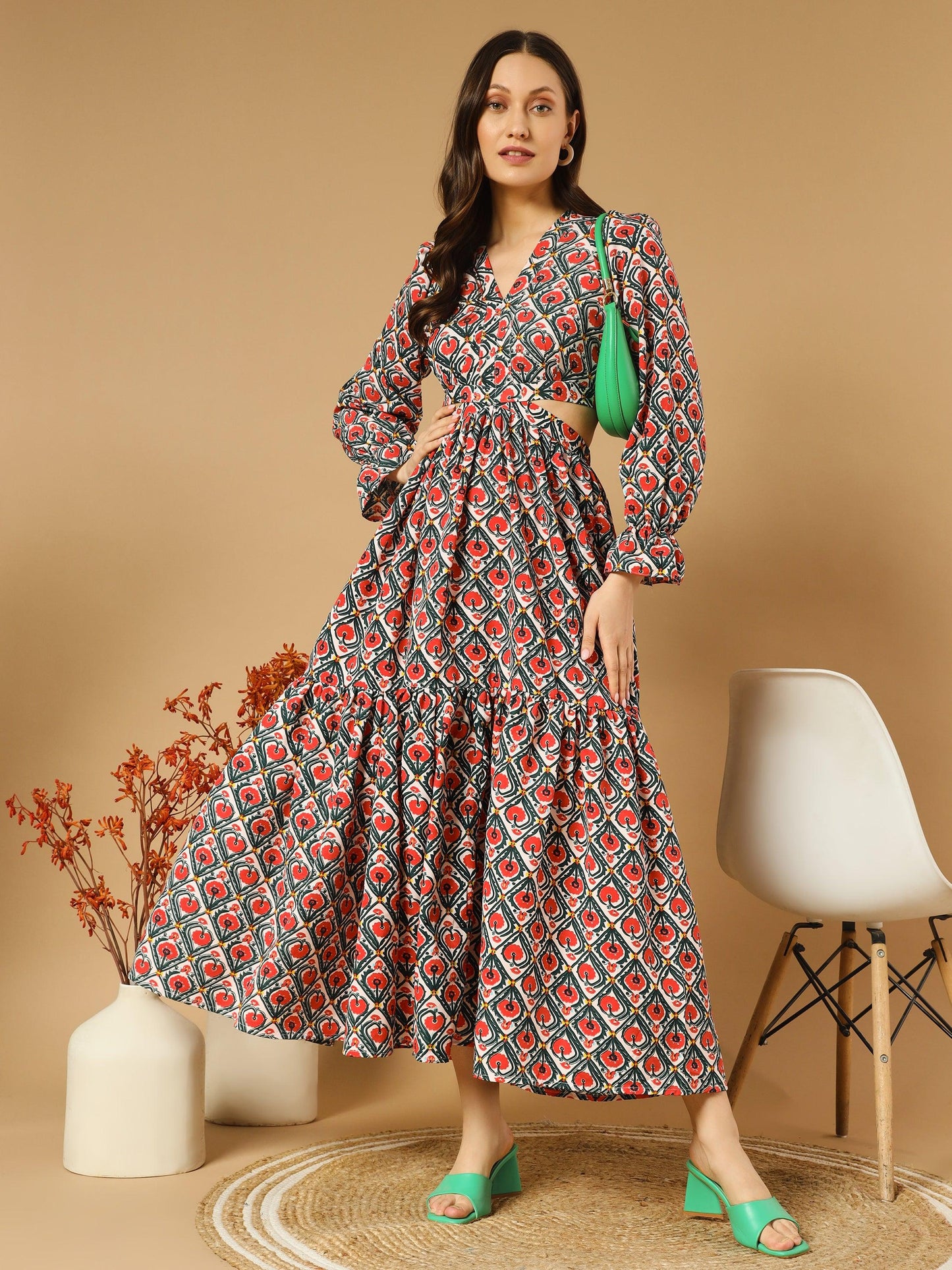 rhombus flowery v-neck long dress with back cut-out - snowera