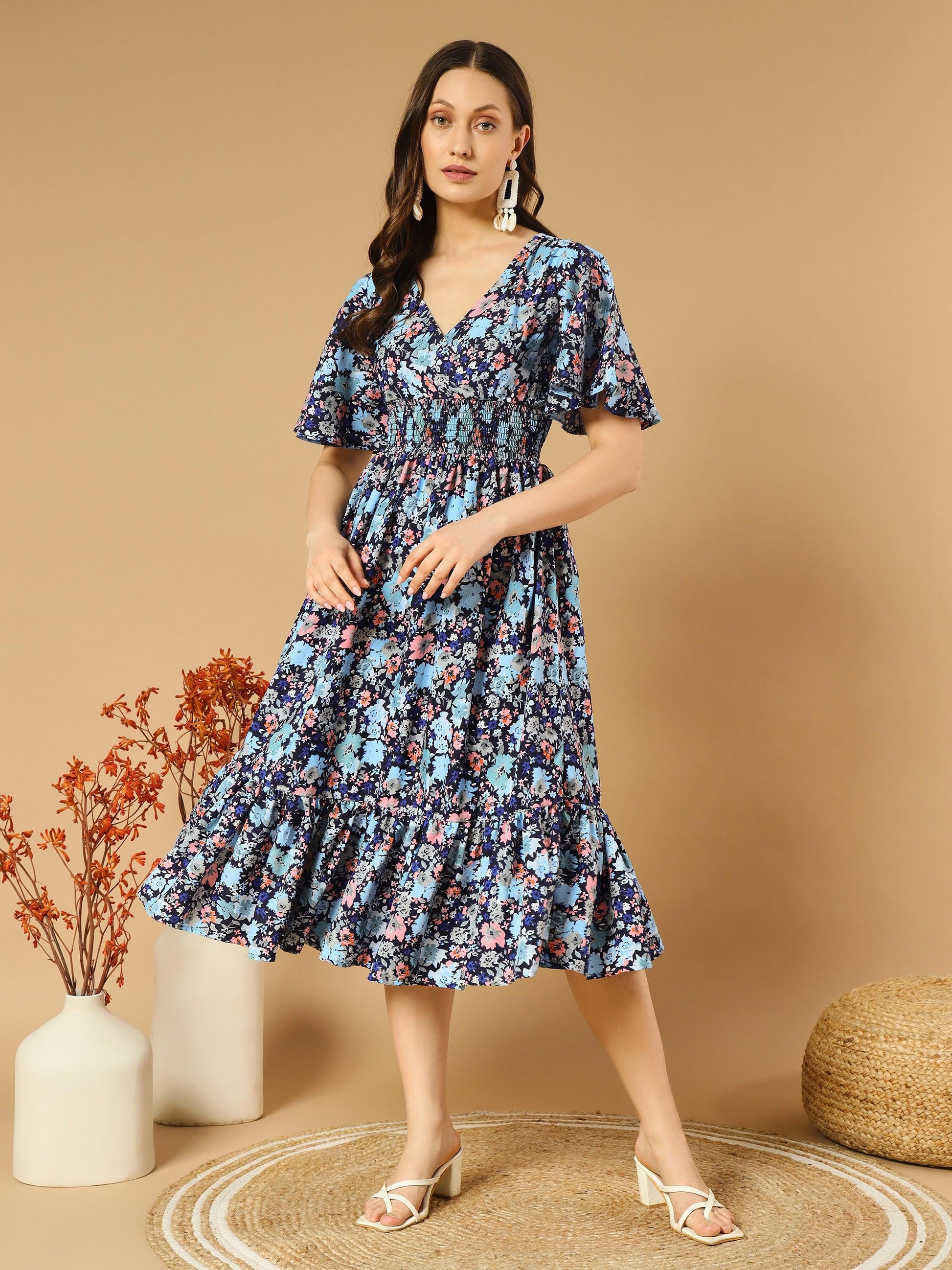 Bluish Flowers Match with Peach V-Neck Midi Dress - Snowera