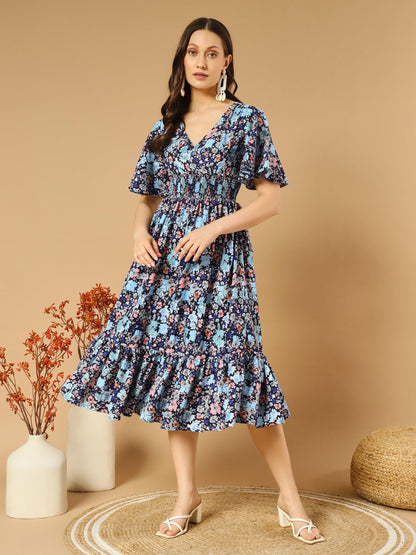 Bluish Flowers Match with Peach V-Neck Midi Dress - Snowera