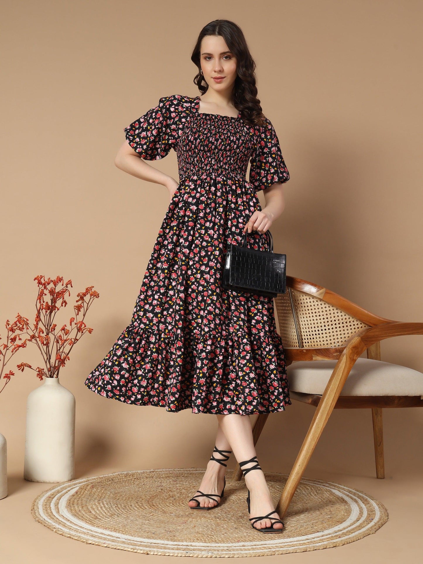 black dress with sweet pink flower print