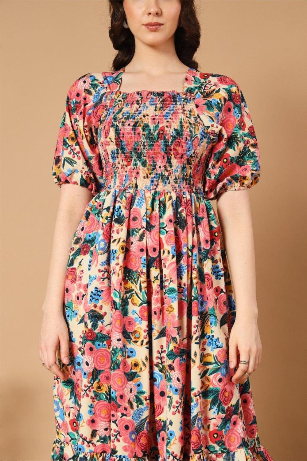 adorned with a beautiful mix flowers dress