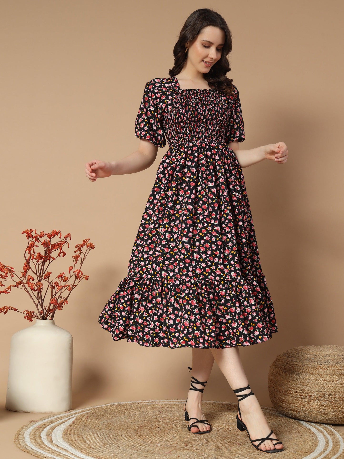 black dress with sweet pink flower print