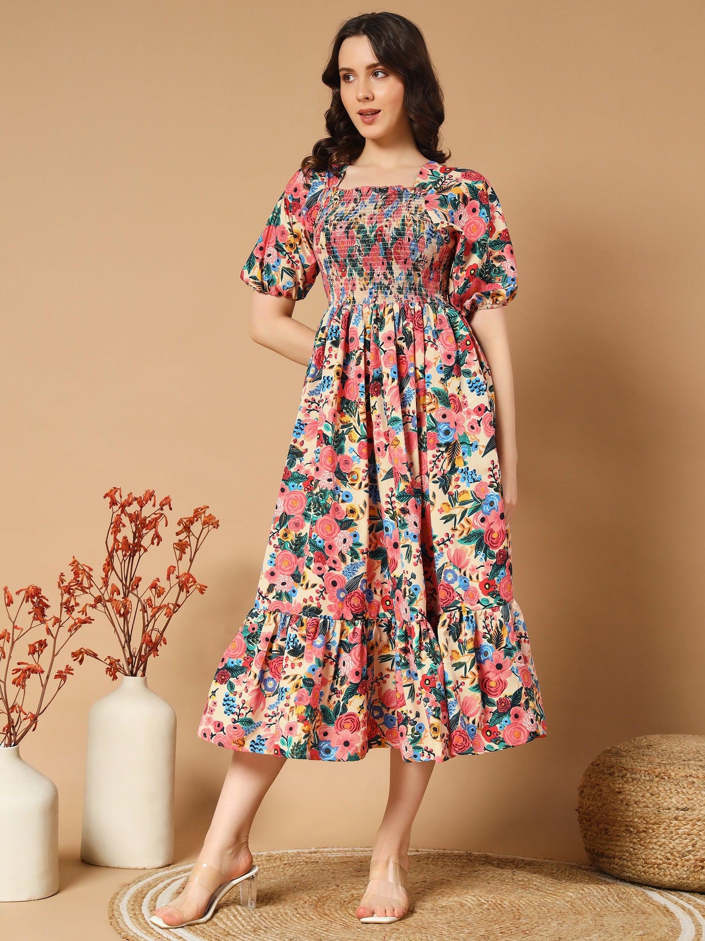 adorned with a beautiful mix flowers dress